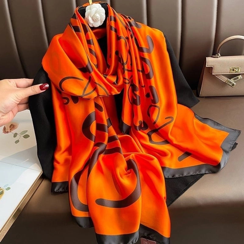 Women’s Fashion Letter Plaid Satin Printing Silk Scarves