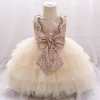 Kid Baby Girl Golden Bow Princess Baptism Dress