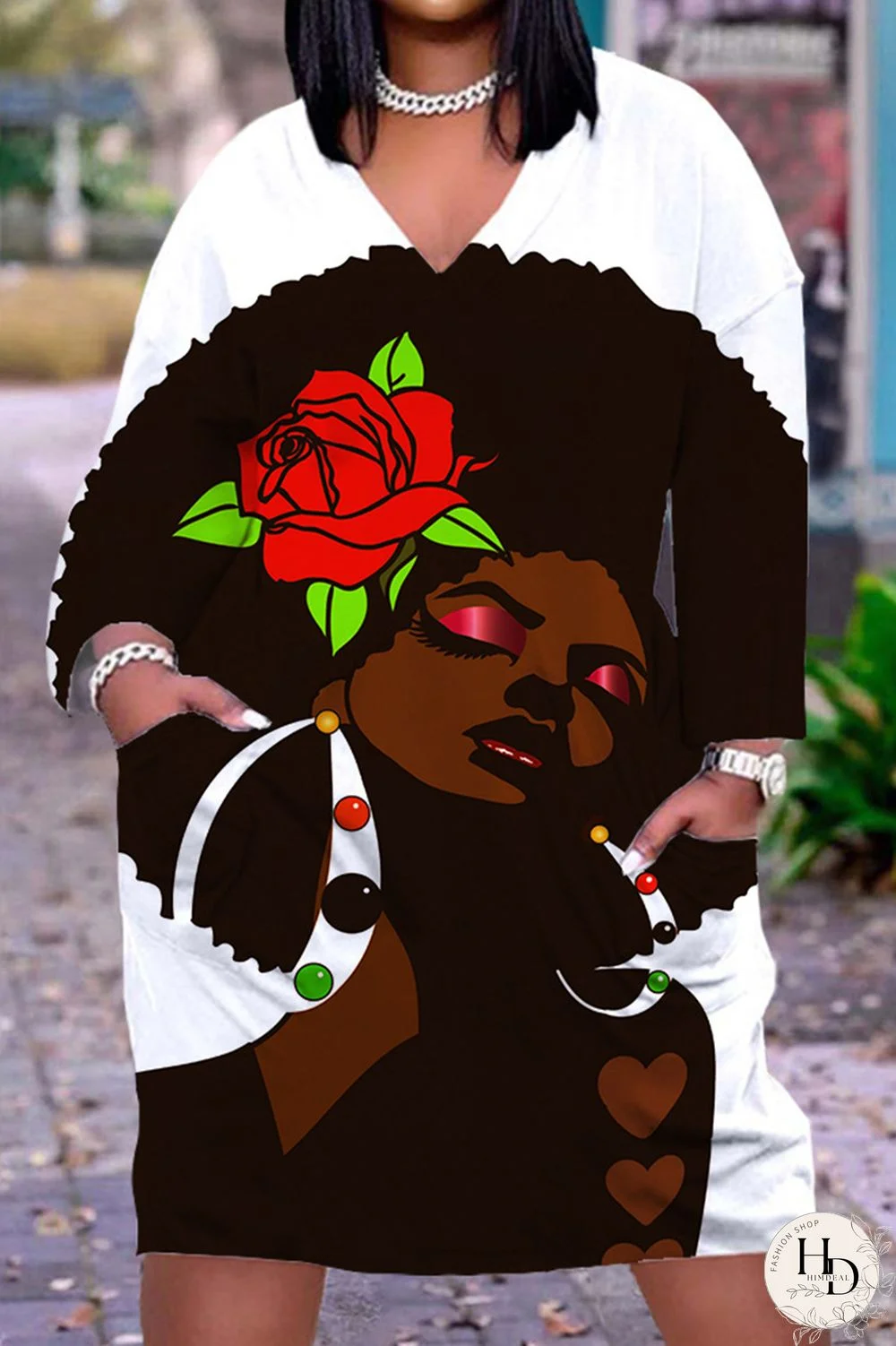 Black Orange Fashion Casual Print Patchwork V Neck Long Sleeve Dresses