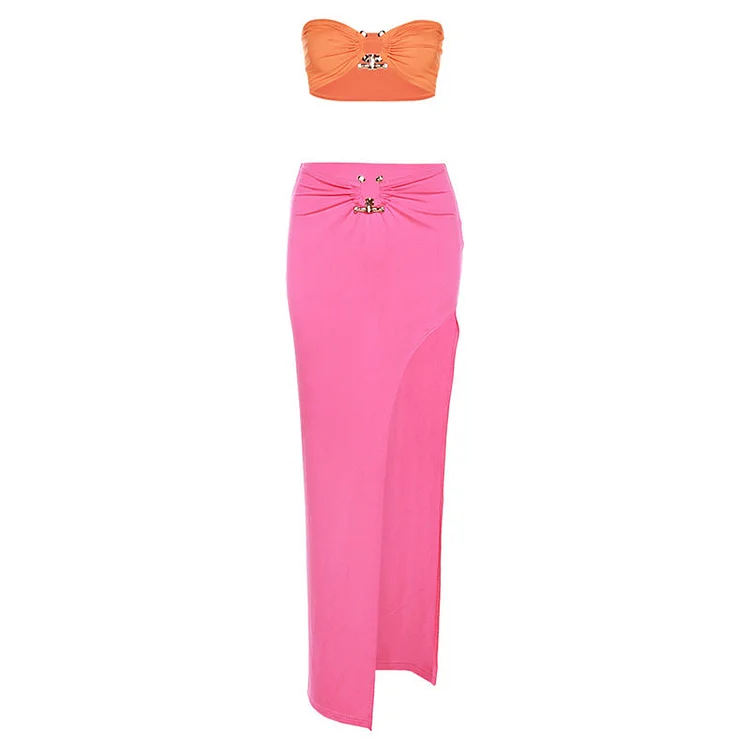 Women Top & Skirt 2 Piece Set Summer Cropped Tank Top High Waist Hip Skirt Suit