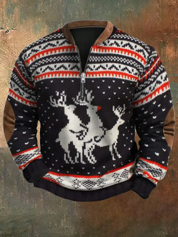 Men's Retro Christmas Print Zip Collar Sweatshirt