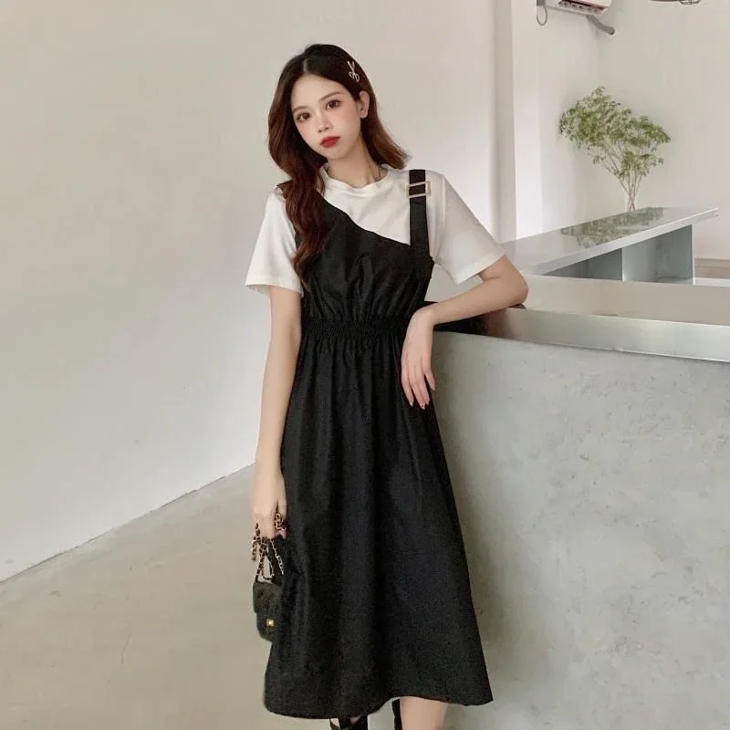 Jangj O-neck Preppy Style Mid-calf Slim Patchwork Dresses Brocade Belt Pullover Summer Women's Clothing 2022 Korean New Trend