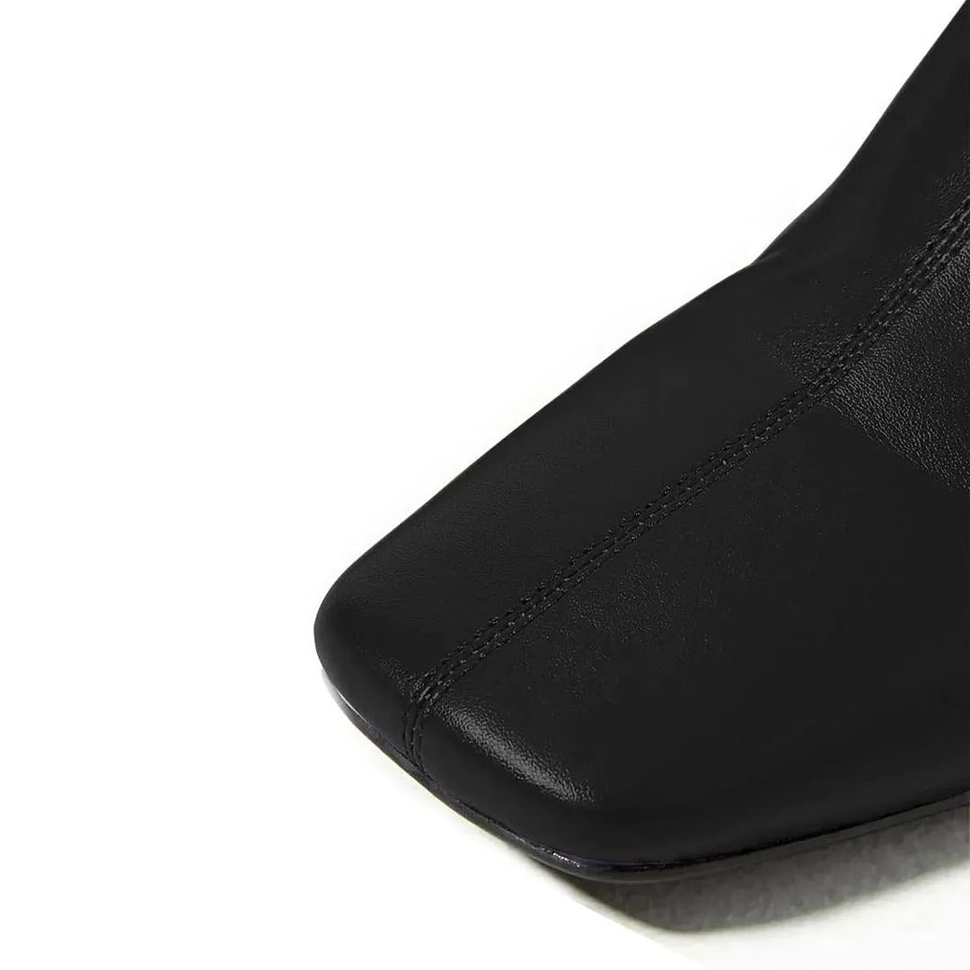 Black Vegan Leather Square Toe Chunky Heel Zipper Mid-Calf Boots