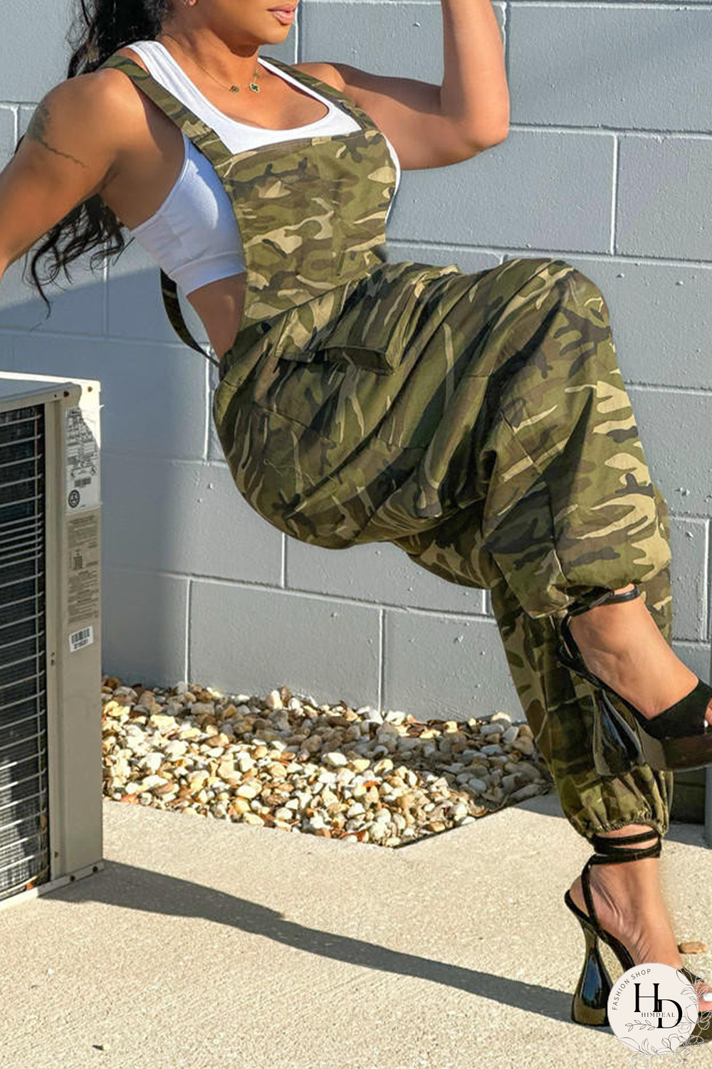 Army Green Street Camouflage Print Patchwork Spaghetti Strap Harlan Jumpsuits