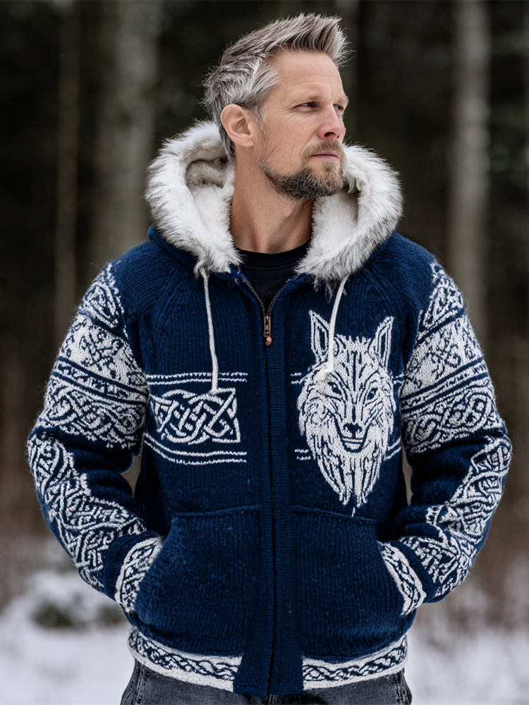 Viking Celtic Giant Wolf Head Pattern Men's Knit Hooded Zipper Cardigan elevenforest