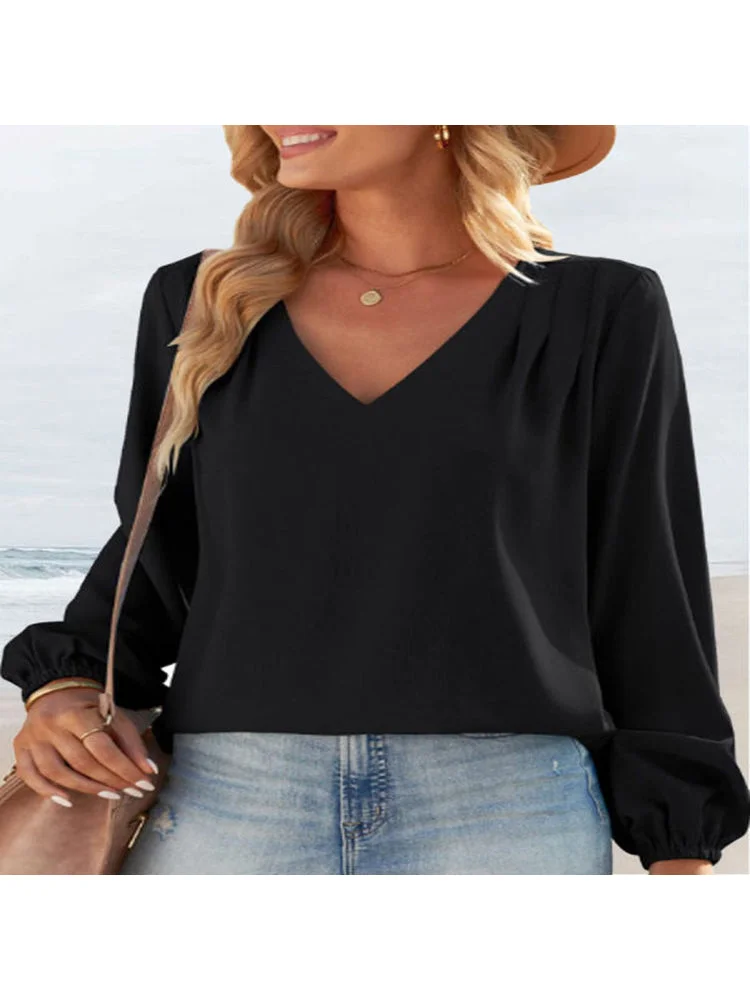 Women's Long Sleeve V-neck Pure Color Tops