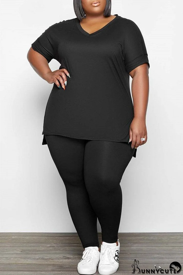 Black Fashion Casual Solid Slit V Neck Plus Size Two Pieces