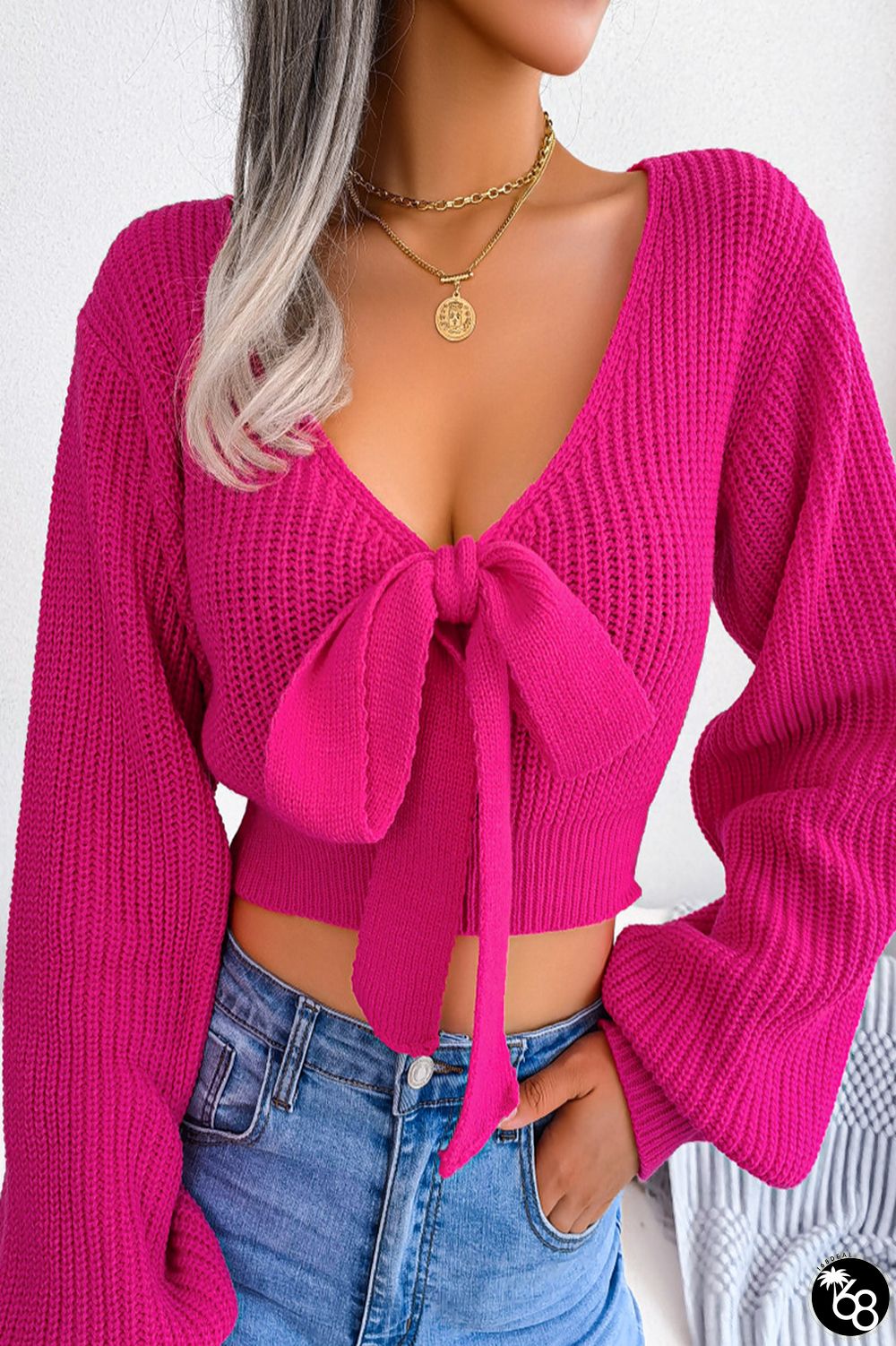 Rose Red Sexy Solid With Bow V Neck Tops | 168DEAL