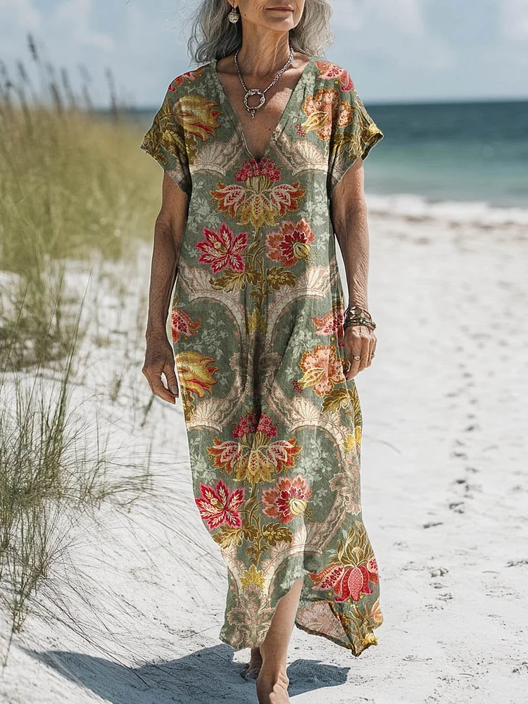 Women's Vintage Lovely Floral Art Print Pocket Cotton Dress