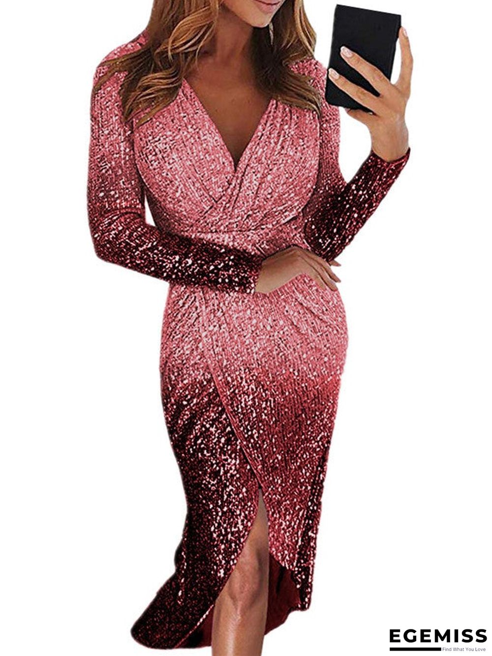 Long Skirt Evening Dress Long Sleeve Gradient Color Sequin Dinner Dress | EGEMISS