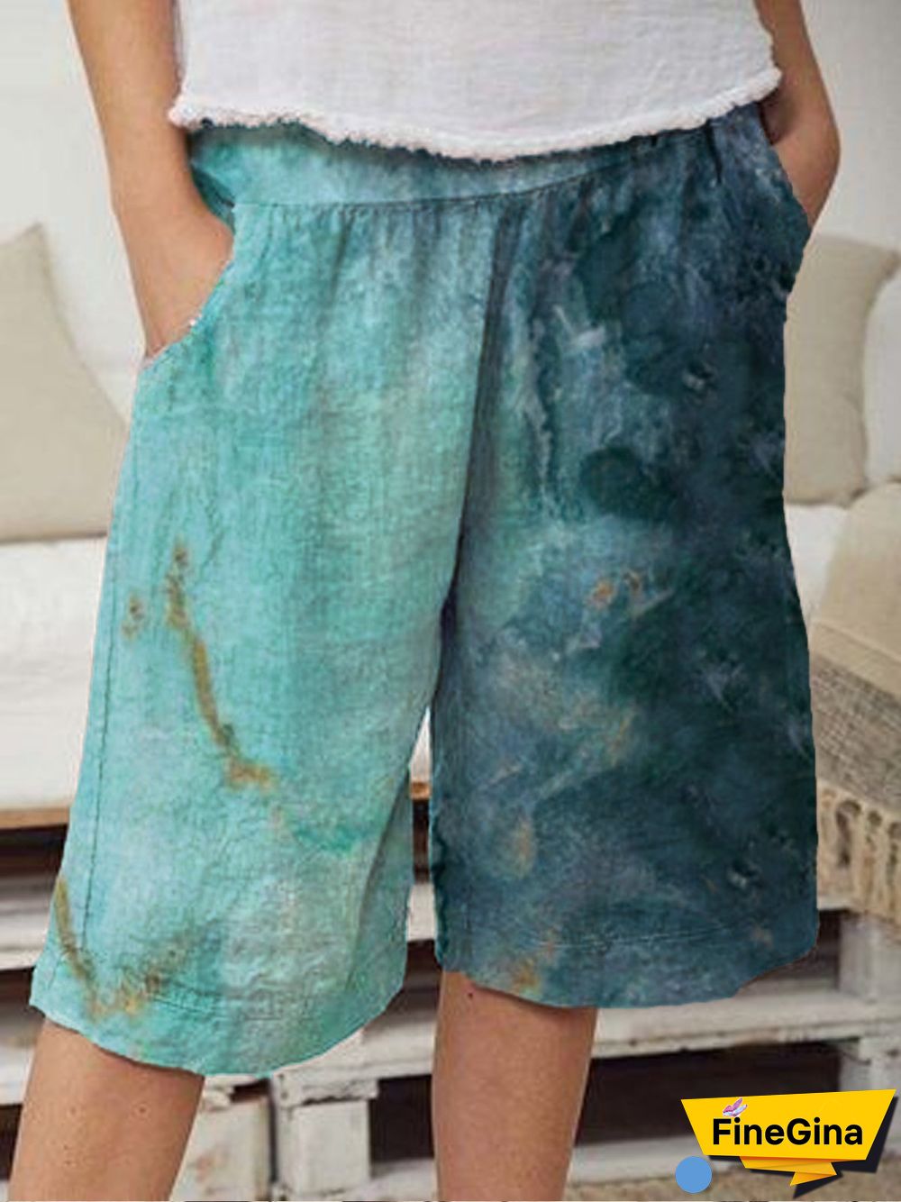 Polyester Cotton Floral-Print Ombre/tie-Dye Shorts