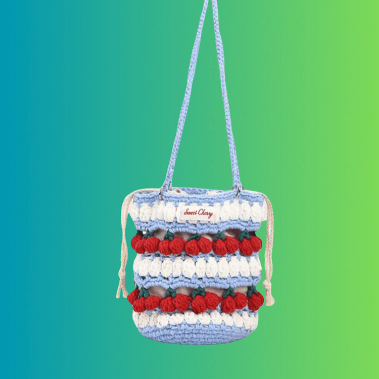 Lulusnow Handmade Blue Strawberry Cherry Cake Bucket Bag  Crochet Bag