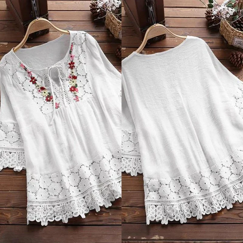 2023 New large sizes women\'s cotton linen top with loose embroidery
