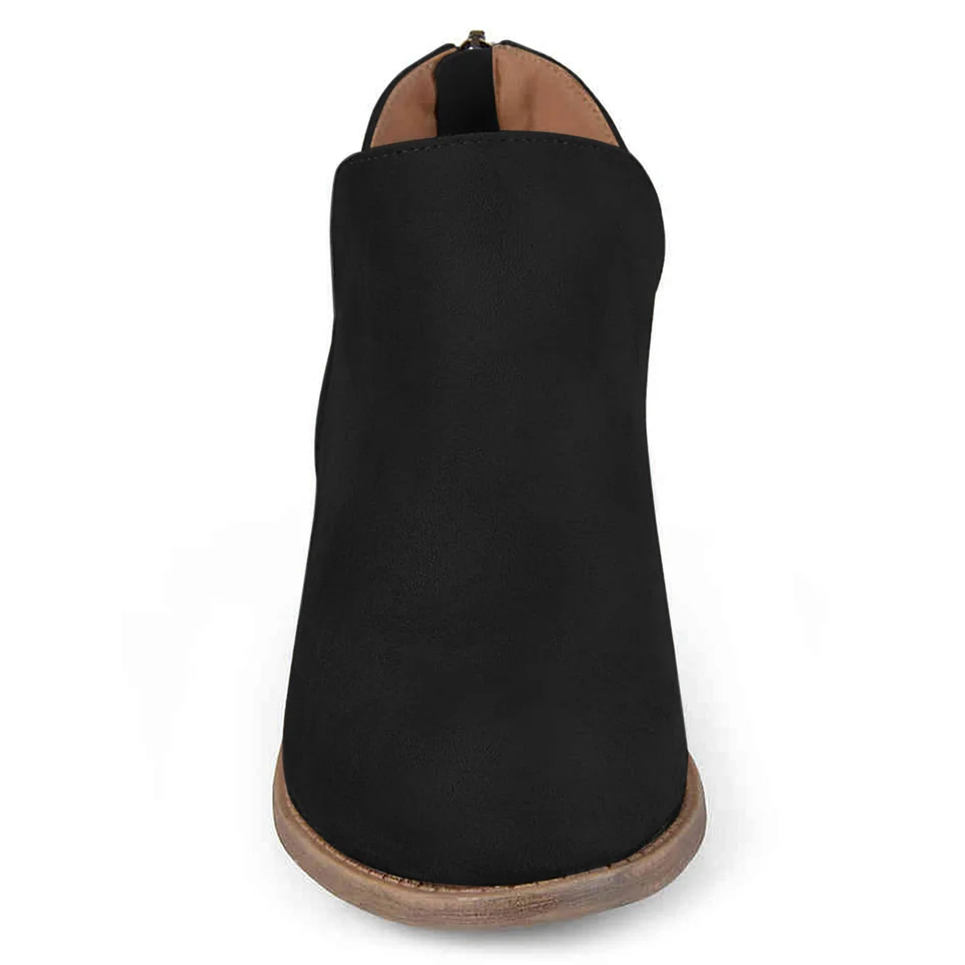 Black Faux Suede Round Toe Back-Zip Comfy Block Heel Ankle Boots