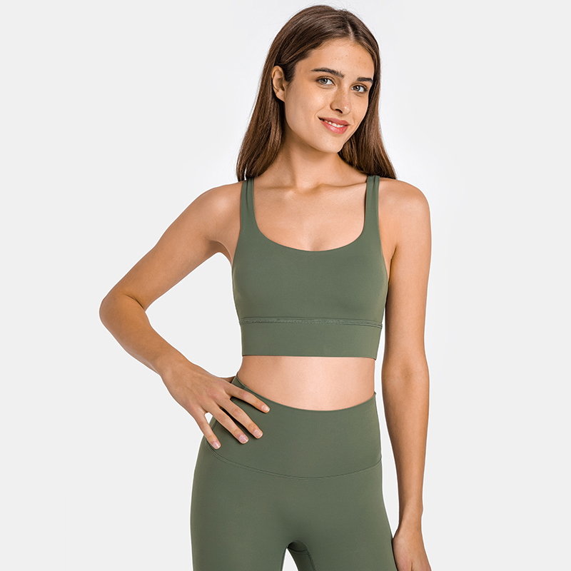Buy green gray criss cross straps double sided brushed nylon shock absorber push up sports bra on Hergymclothing