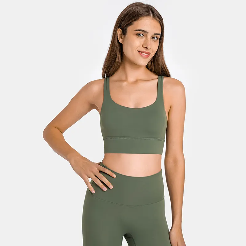 Buy green gray criss cross straps double sided brushed nylon shock absorber push up sports bra on Hergymclothing