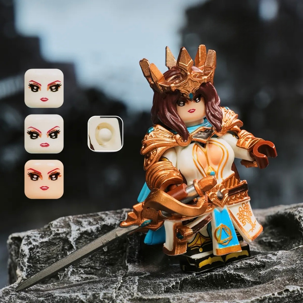 Minifigure World Round Table Knight Queen of Arthur Custom Minifigure with Interchangeable Faces & Articulated Joints