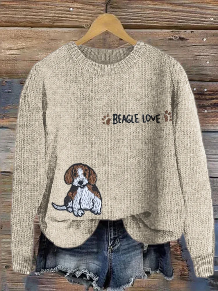 Comstylish Beagle Love Dog & Paw Prints Embroidered Cozy Sweater