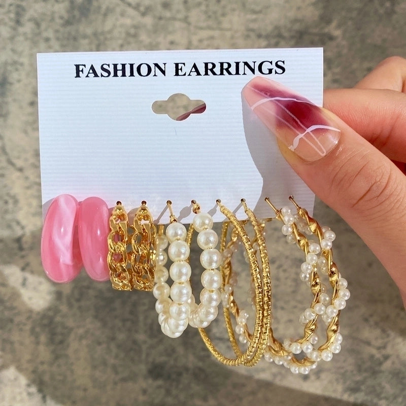 Geometric Plating Alloy Pearl Hoop Earrings