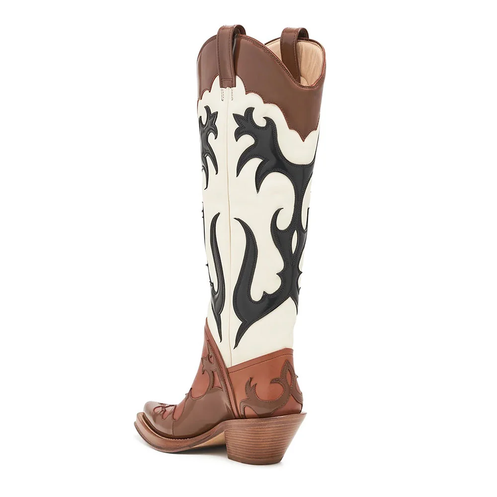 Multicolor Faux Leather Pointed Toe Knee High Western Boots for Women