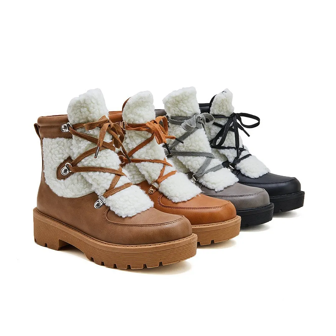 Women Faux Shearling Stiching Lace Up Snow Boots