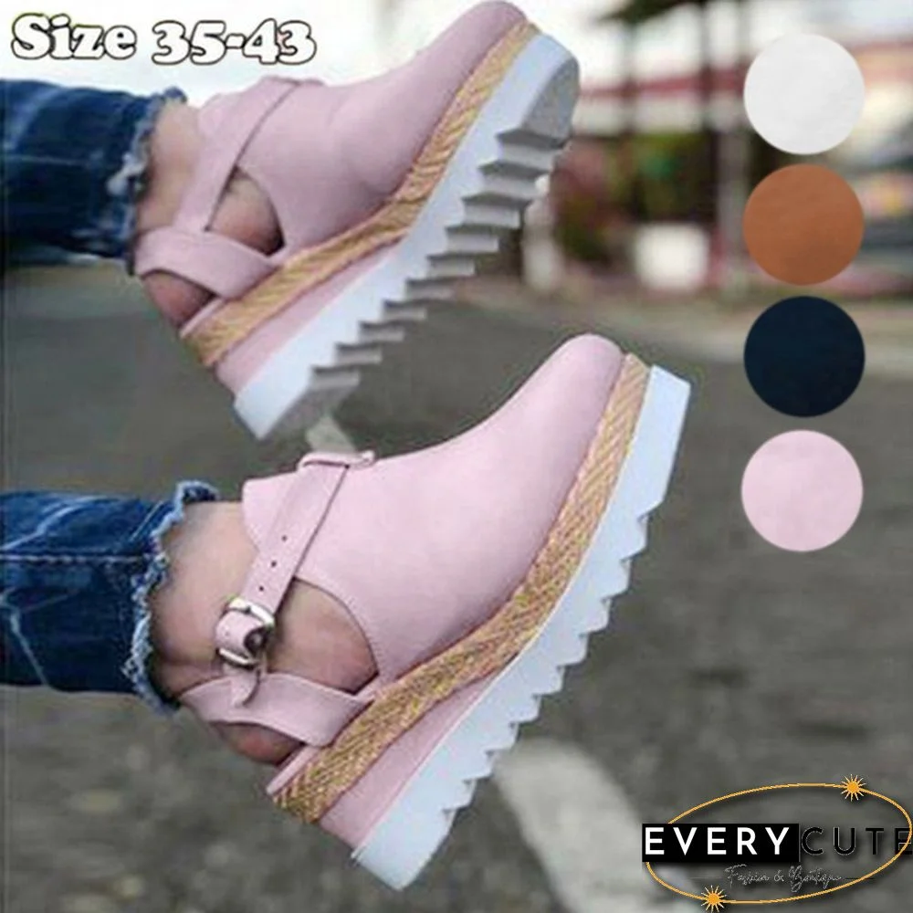 Summer Womens Sweet High Heel Wedge Platform Sandals Metal Button Shoes