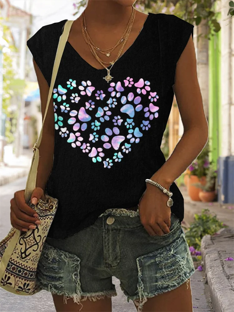 Tie Dye Paws Heart Art V Neck Casual Tank Top