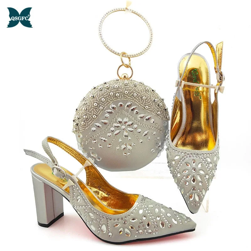 New Arrival Winter Silver Color Italian Design Women Shoes and Bag Set African Matching Shoes and Bag for Royal Party