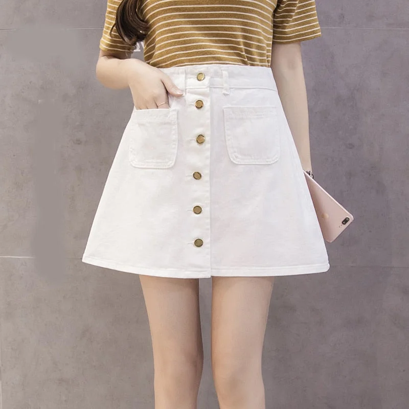 Zoki Vintage Women Denim Mini Skirt Summer High Waist A-line Korean Single Button Female Jeans Harajuku Cotton Street Wear 2020