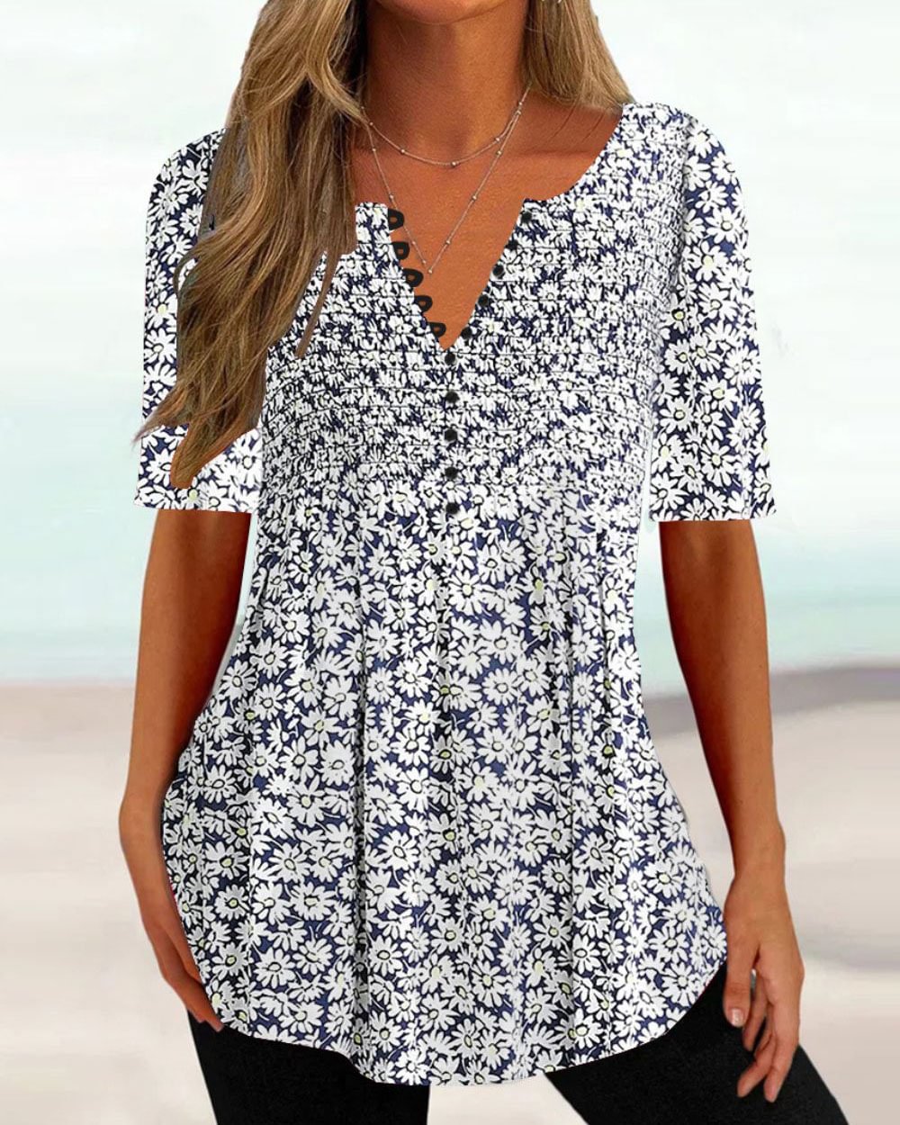 Slim-Fit Floral-Print Short-Sleeved Top