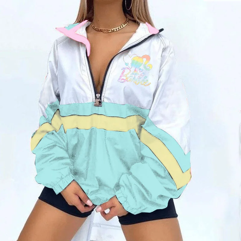  Barbie Girl Color Matching Zipper Pullover Sweatshirt Jacket