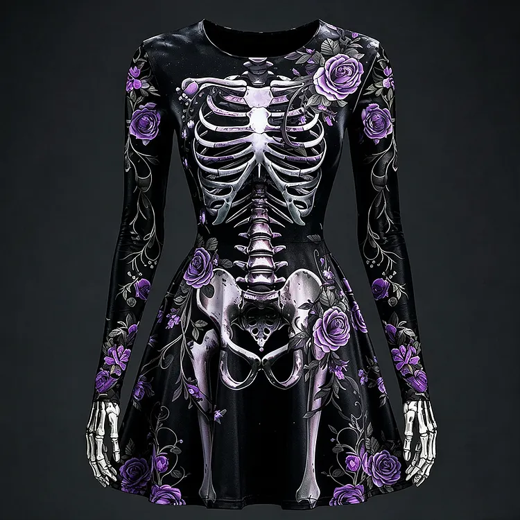 Vintage Halloween Human Skeleton And Floral Art Comfortable Crewneck Long Sleeve Dress