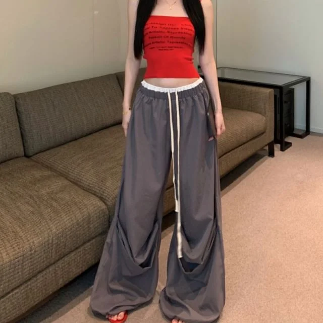 Print Trim Drawstring Pants Wide Top Leg Contrast / Waist Camisole Lettering Crop