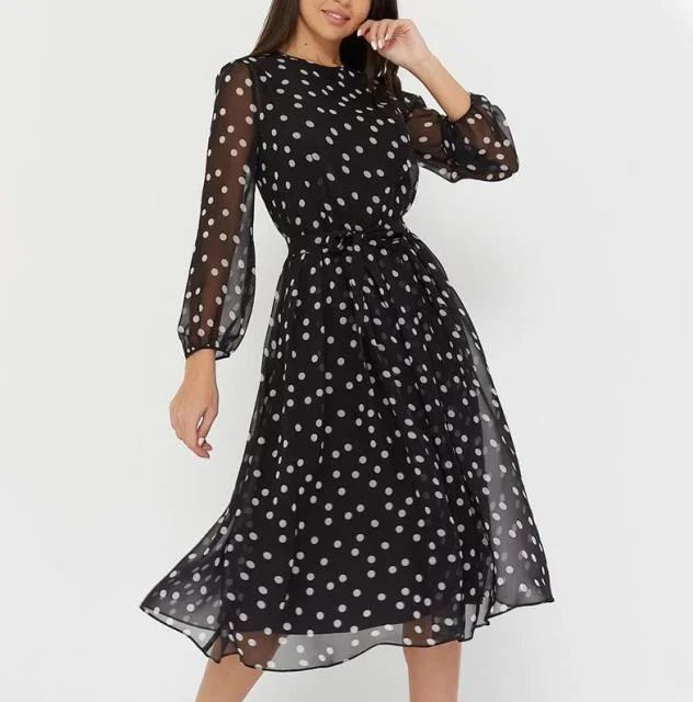 Print Long Sleeve Polka Dress
