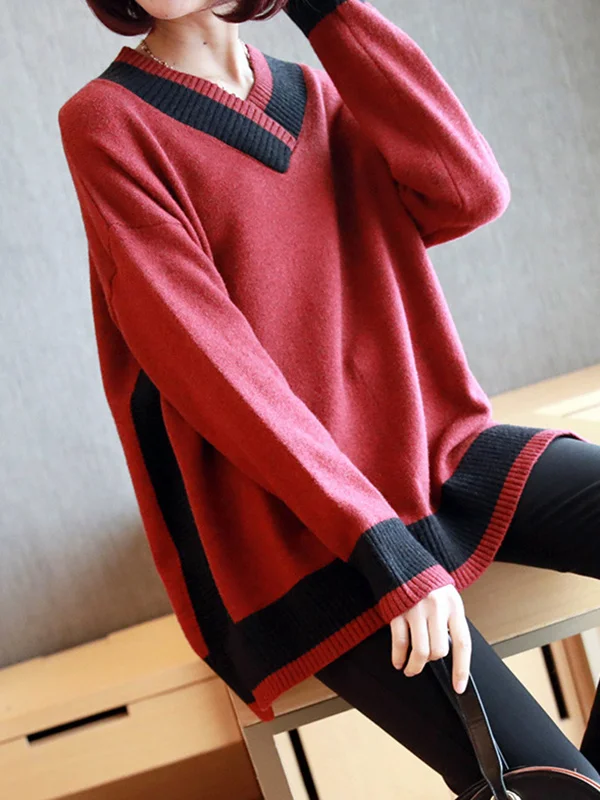 Roomy Contrast Colors Long Sleeve V-Neck Knitting Sweater