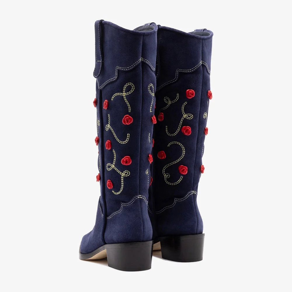 Navy Closed Toe Block Heel Embroidered Cowboy Boots with Flowers