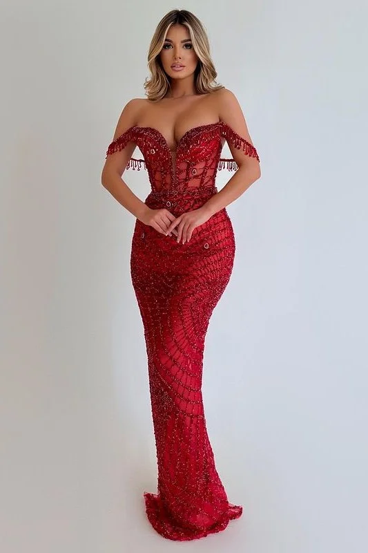 Lisliy Sequins Red Prom Dress Sleeveless Strapless Long Tassel 