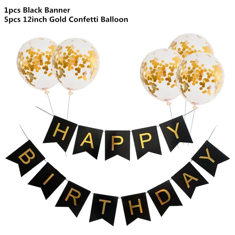 Black Gold Happy Birthday Banner Balloon Flag Adult 30th 40th 50th 60th Birthday Party Decoration Supplies Bunting Anniversary