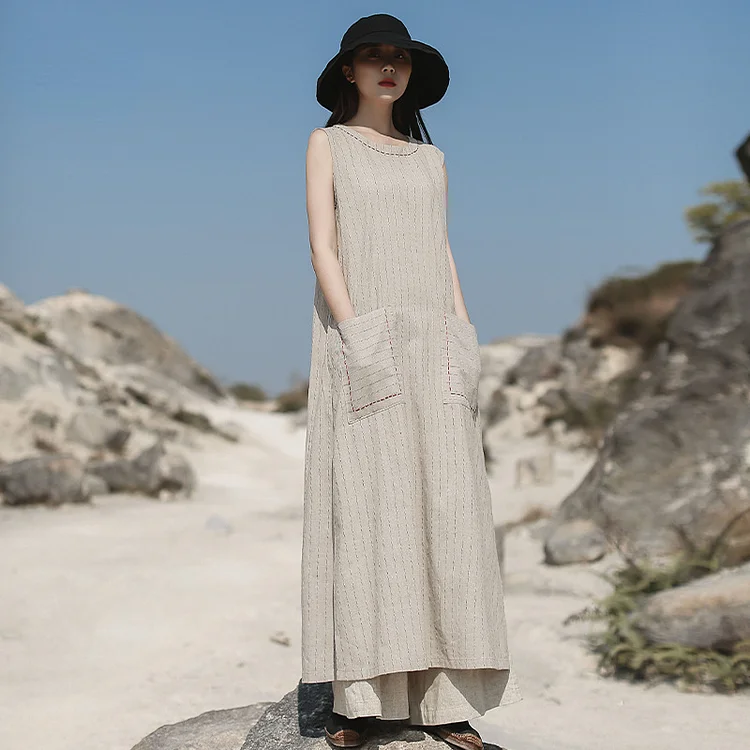 Loose Striped Linen And Cotton Sleeveless Maxi Dress