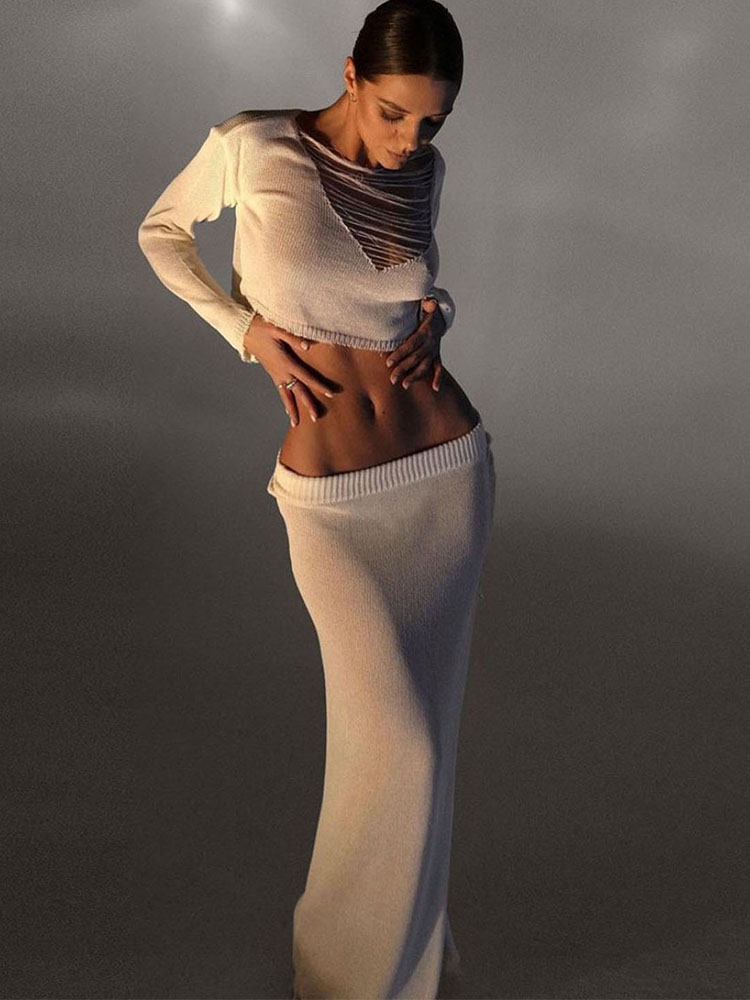 Ootddress Knitted Cover Up 2 Piece Outfits Hollow Out Crochet Knitted Suit Party Dresses Women 2 Piece Matching Set with Midi Skirt