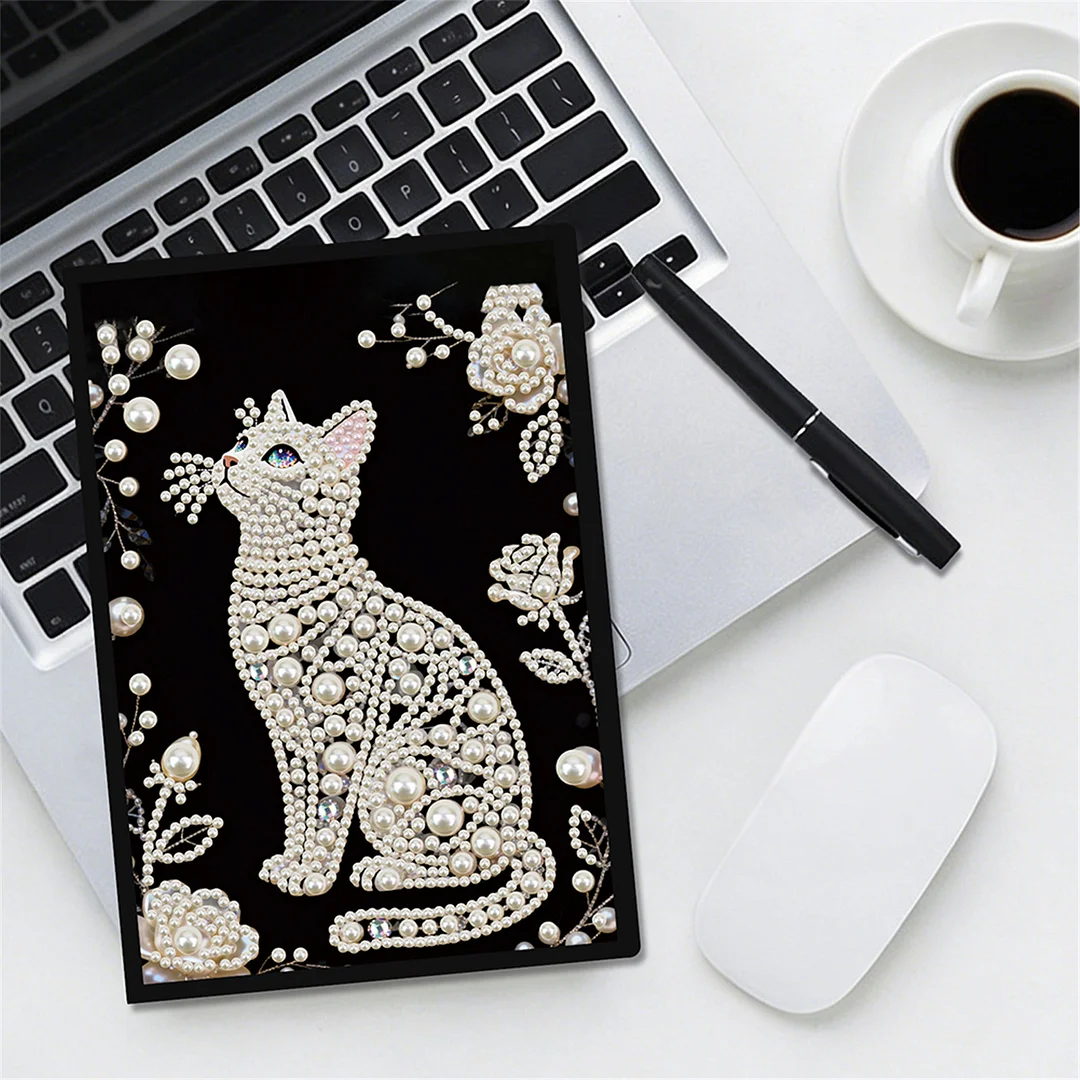 Flowers and Cat Partial Pearl DIY 50 Pages A5 Diamond Painting Notebook Special Shaped Diamond Art Diary Book Kits Wireless Strip 5D Crystal Art Paintings Sketchbook for Art Drawing
