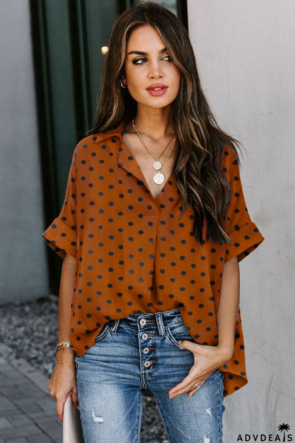Dotted Print V Neck Drape Front Blouse