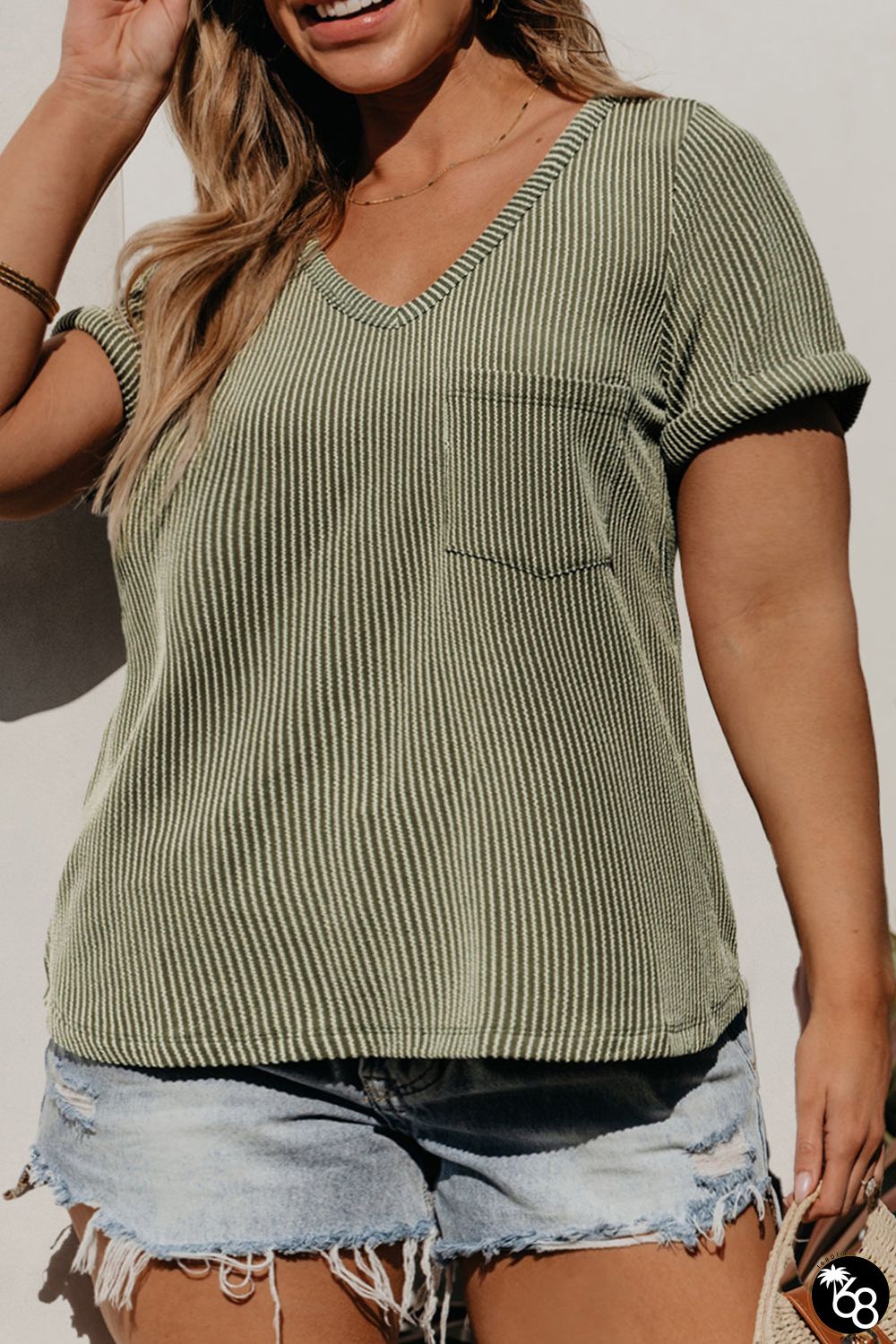Meadow Mist Green Plus Size Corded V Neck Patch Pocket Tee | 168DEAL