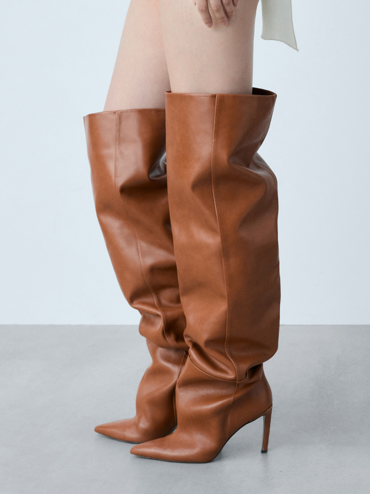 Taafo Brown Pointed-Toe Pleat Tall Wide Calf Over-The-Knee Stiletto Boots