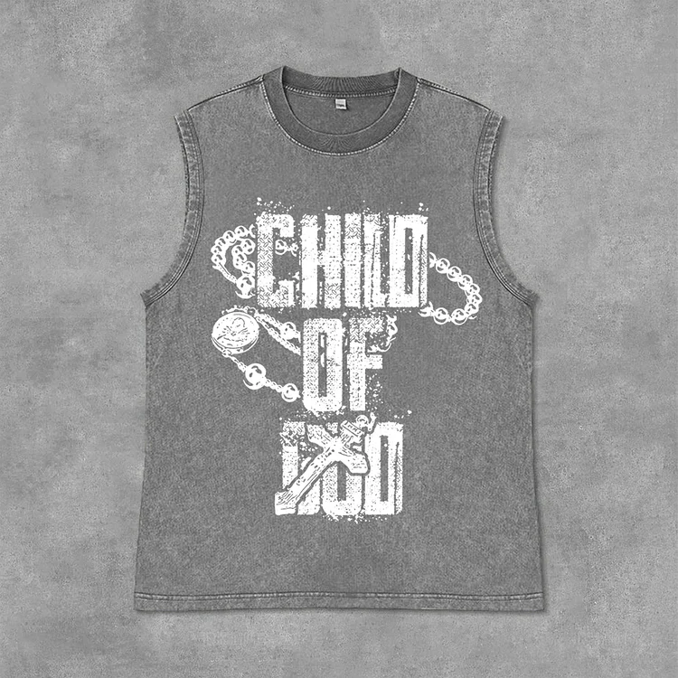 Vintage Child Of God Cross Graphic Print Casual Acid Washed Sleeveless Tank Top SOPULA