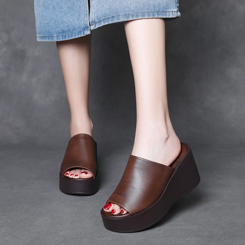 Yyvonne Time 99] Head-Level Cow Skin Retro Slope Hedley Sandals Women In Summer Wearing Loose Cake Thick Bottom Fish Mouth Half Slippers