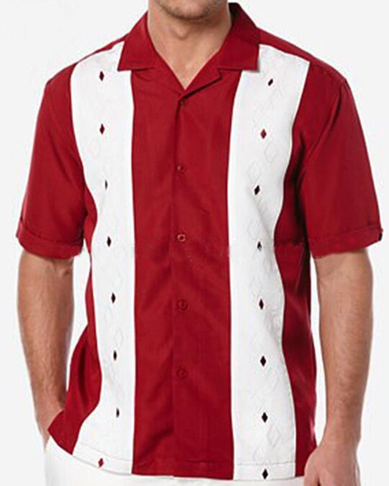 Men's casual red hit color shirt short sleeve -10