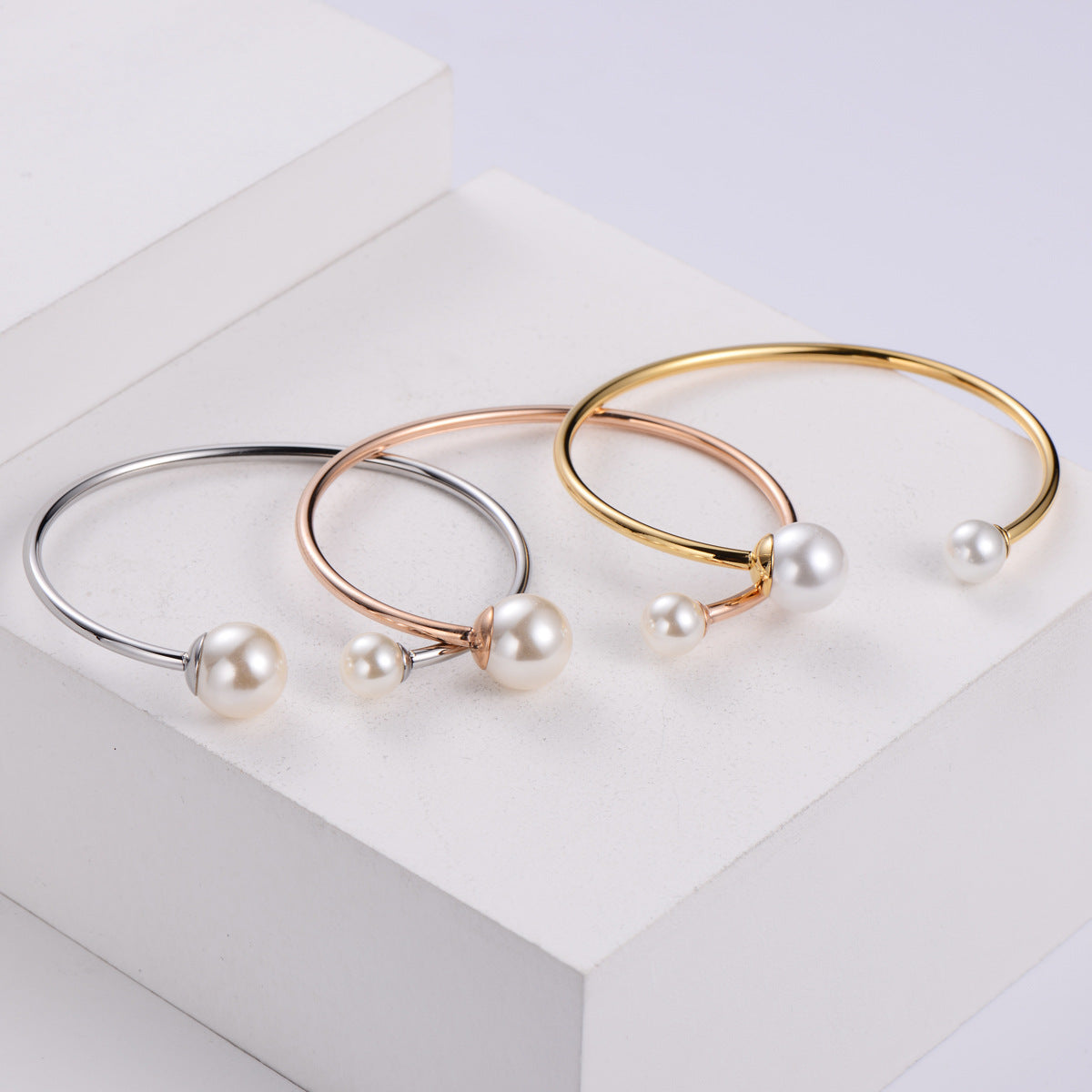 Japanese / Korean Women Metal Pearl Droplet Stainless Steel Bangles