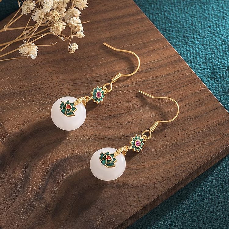 White Jade Cold Enamel Lotus Earrings
