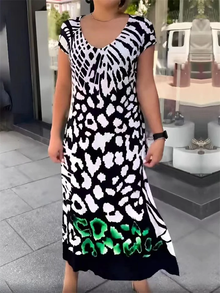 Summer New Fashion Print V-neck Loose Dress Short-sleeved Temperament Commuter Casual Wind In The Long Dress